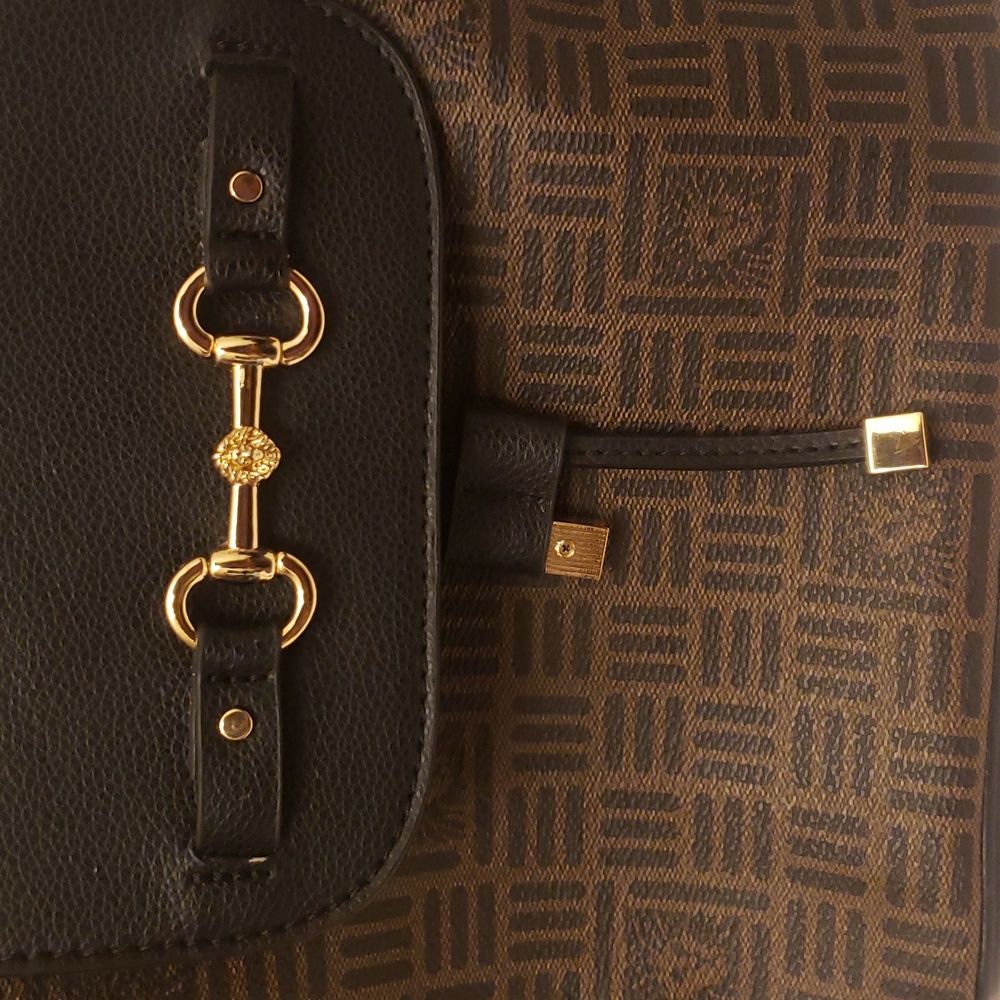 Anne Klein Elegant Black and Brown Mini Backpack Gold Drawstring Snap Closure - Picture 3 of 17